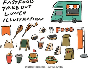 Fast Food Takeout Kitchen Car Hand Drawn Illustration Set