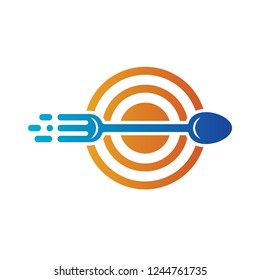 Fast food target logo template, Spoon and fork with arrow shape, cutlery logo, Fast food logo, Go food