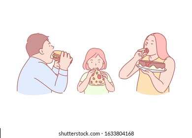 Fast food, taste, obesity, calories, concept. Family eating tasty, unhealthy, high caloric, harmful fast food together. Problem of extra calories consumption and obesity. Bad habit simple flat vector.