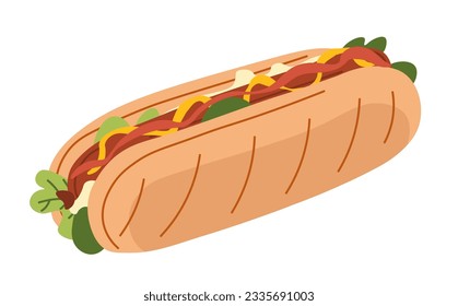 Fast food and tasty products for eating, grab and go. Isolated sandwich with tomatoes and cheese, ham or meat, salad leaves and herbs. Delicious meal for snack or lunch, dinner. Vector in flat style