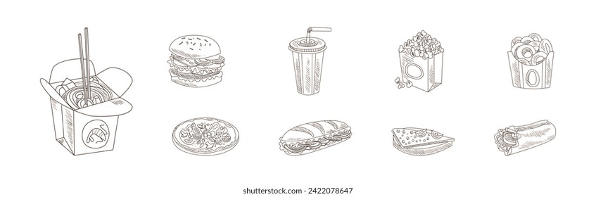 Fast Food and Tasty Snack for Takeaway Eating Vector Set