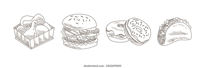 Fast Food and Tasty Snack for Takeaway Eating Vector Set