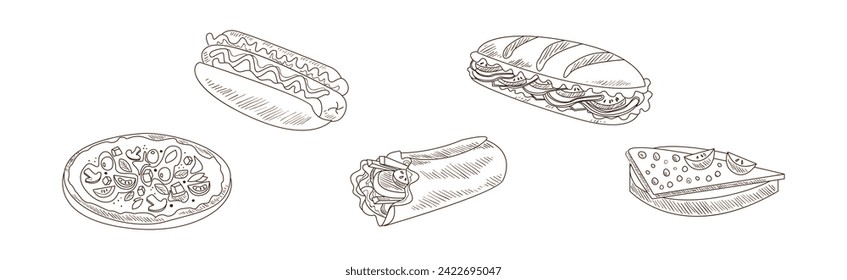 Fast Food and Tasty Snack for Takeaway Eating Vector Set