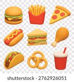 Fast Food and Tasty Snacks Vector Icon Set | 3D icon set |  burger, french fries, pizza slice, hot dog, sandwich, fried chicken drumstick, taco, onion rings, soft drink 