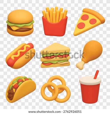 Fast Food and Tasty Snacks Vector Icon Set | 3D icon set |  burger, french fries, pizza slice, hot dog, sandwich, fried chicken drumstick, taco, onion rings, soft drink 