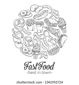 Fast food template banner, menu design. Vector outline illustration with snacks, hamburger, fries, hot dog, tacos, coffee, sandwich, ice cream in retro style