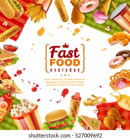 Fast food template with different colorful tasty unhealthy meals on white background vector illustration