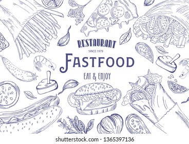 Fast food template frame and page design for menu design. Vector hand illustration with snacks, hamburger, fries, hot dog, tacos, coffee, sandwich, ice cream in old ink style.