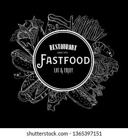 Fast food template frame and page design for menu design. Vector hand illustration with snacks, hamburger, fries, hot dog in old ink style on black backdround