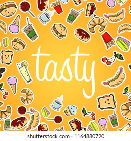Fast food template on paper. Postcard stand for food. drawn food
