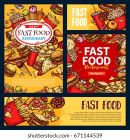 Fast food templates set of fastfood banners and posters for restaurant menu. Vector burger and sandwich, ice cream and donut dessert, popcorn and french fries or cheeseburger, pizza and hot dog snacks