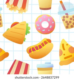 Fast food textured pattern. Seamless vector print with street food.