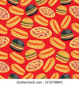 Fast food that is presented in great abundance, seamless pattern, vector pattern, hamburger, hot dog, big pizza, fast food