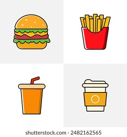 Fast food theme icon pack like burger, fries, juice, coffee with flat design style is very good for food theme elements