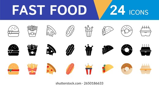 Fast food theme web icon set in modern style. Design symbols of burgers, fries, pizza, hot gog and more.