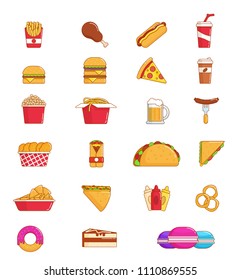 Fast food thin line icon set of junk snack. Hamburger, pizza and hot dog, meat sandwich, donut and chicken, coffee, soda, french fries, cheeseburger, cake and chinese noodle, taco, popcorn and nacho