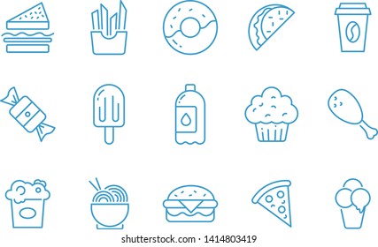 Fast food thin line icons set. Outline symbol collection of junk food and take away in blue color.  Editable vector stroke