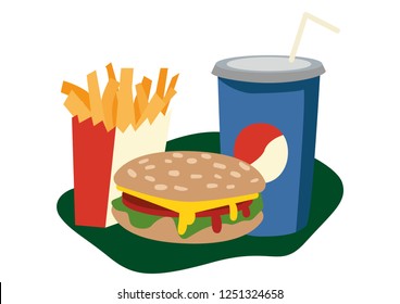 Fast food three items in cartoon graphics burger, french fries chips and soda in a blue plastic cup on a green background