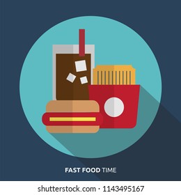 Fast food time with hot dog, hamburgers, french fries and cola soda drink in flat style vector illustration for icon