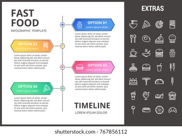 Fast food timeline infographic template, elements and icons. Infograph includes options with years, line icon set with fast food, pizza, sweet snacks, restaurant meal, unhealthy nutrition, taco etc.