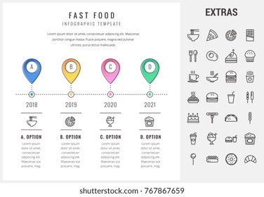 Fast food timeline infographic template, elements and icons. Infograph includes options with years, line icon set with fast food, pizza, sweet snacks, restaurant meal, unhealthy nutrition, taco etc.