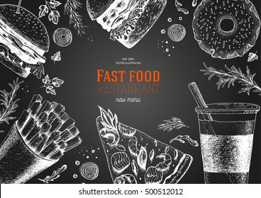 Fast food top view frame. Fast food banner, snack collection. Vintage vector illustration with french fries, hamburger, shwarma and pizza. Drawn in ink. Set of fast food, junk food.