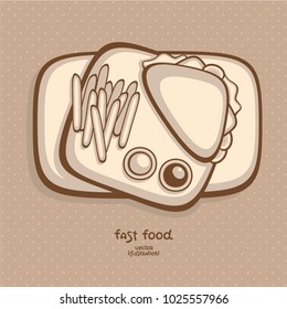 Fast food top view vector illustration. Sandwich and french fries with sauces on wood background. Monochrome menu design.