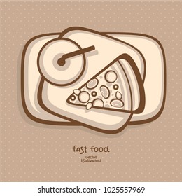 Fast food top view vector illustration. Slice of pizza with cup of soft drink on tray. Monochrome menu design. Italian food. Pizza with tomato and mozzarella..