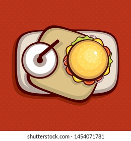 Fast food top view vector illustration. Hamburger and cup of soft drink on tray. Menu design.