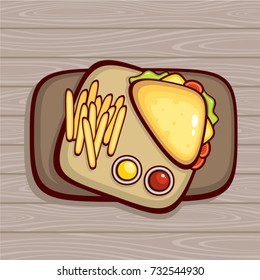 Fast food top view vector illustration. Sandwich and french fries with sauces on wood background. Menu design.