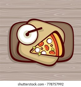 Fast food top view vector illustration. Slice of pizza with cup of soft drink on tray. Menu design. Italian food. Pizza with tomato and mozzarella.