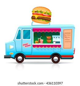 Fast Food Trailer with burger Isolated on white. Street food car, mobile kitchen,restaurant