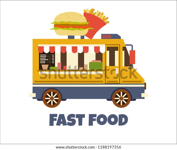 Fast Food Trailer with burger\
Isolated on white. Street food car, mobile kitchen,\
restaurant
