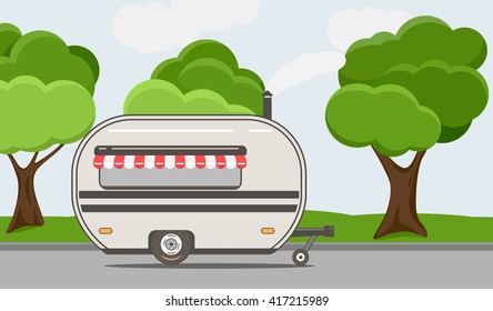 Fast Food Trailer In Park. Vector Illustration