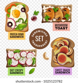 Fast food transparent set with diet crispy and protein bomb sandwiches mushroom toast and sweet snack cartoon isolated vector illustration