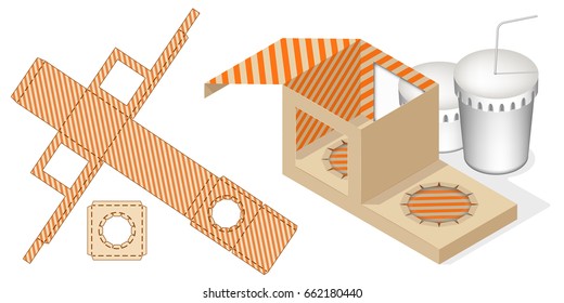  Fast Food Tray Box with Die Cut Template. Carry On Protective design, die-stamping layout pattern.