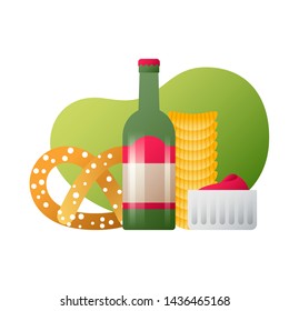 Fast food trendy flat colorful illustration. Beer bottle, chips and pretzel vector design.