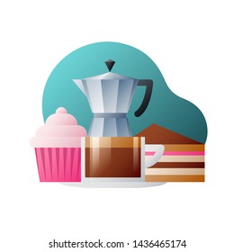 Fast food trendy flat colorful illustration. Coffee maker, muffin, cake and coffee vector design.