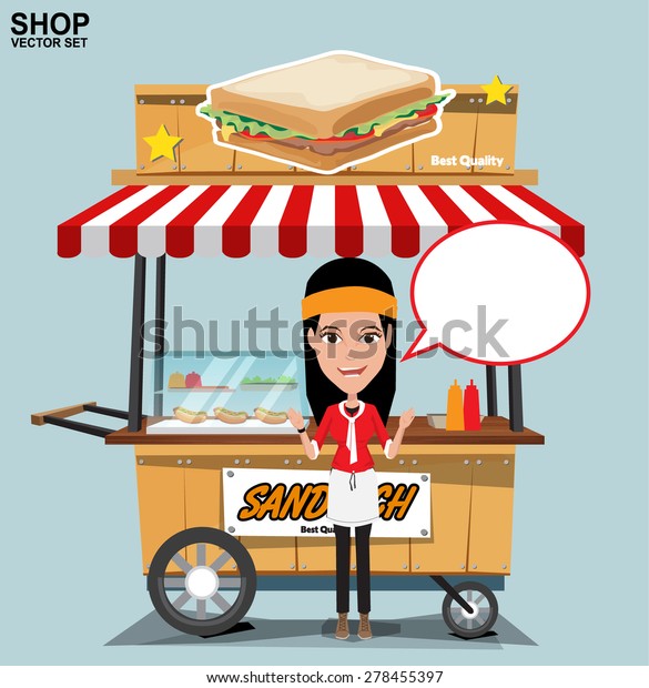 Fast food trolley with seller. vector on a
colored background.