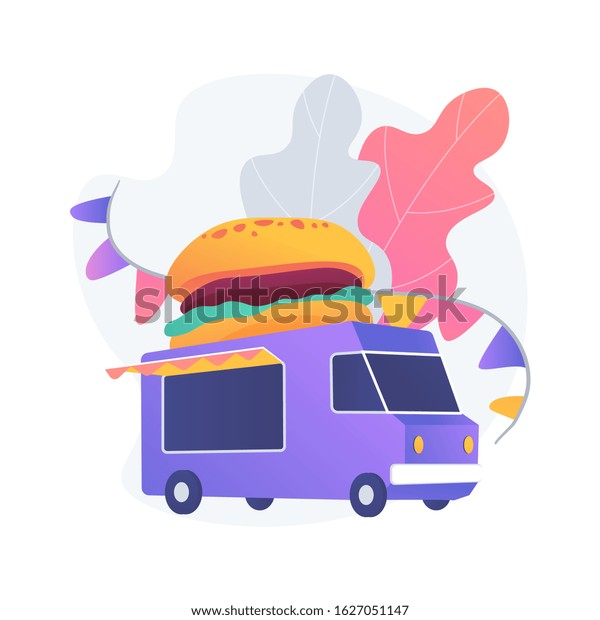 Fast food truck, burger van. Unhealthy\
nutrition, quick meal service. Small business, fastfood retail,\
street eatery. Van with huge hamburger on top. Vector isolated\
concept metaphor\
illustration