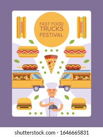 Fast Food Truck Festival Vector Illustration For Banner Design With Cafe In Van Service And Chef Man Cartoon Character. Street Food Catering Poster Template With Burger, Pizza, Taco And Corn Dog.