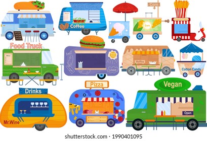 Fast food truck, isolated on white set, vector illustration. Foodtruck transportation, delivery van with taco, coffee, ice cream, corn