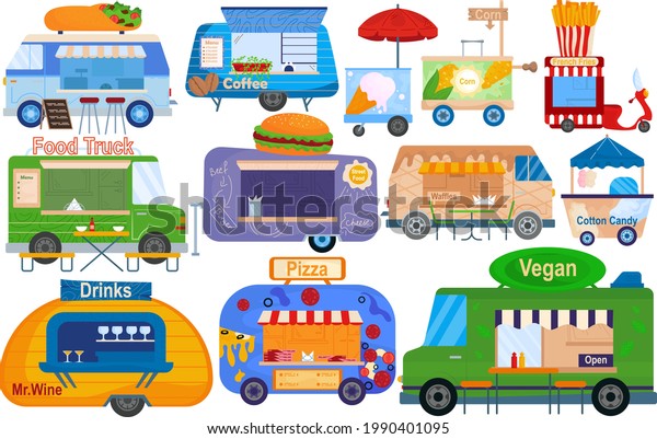 Fast food truck, isolated on white set, vector\
illustration. Foodtruck transportation, delivery van with taco,\
coffee, ice cream, corn