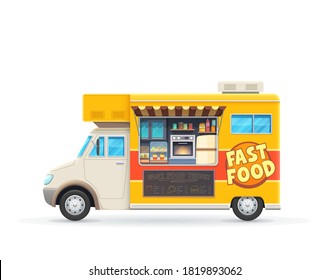 Camión de comida rápida aislado vehículo vector, camioneta amarilla de caricatura para venta de comida chatarra callejera. Cafetería o restaurante sobre ruedas, transporte con menú de pizarra, surtido de comida rápida y horno para comidas de cocina