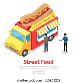 Fast food truck isometric projection style design icon. Street fast food concept. Food trolley with hot dog on the top. Isolated on white background. Sandwiches mobile shop. Vector illustration