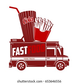 Fast food food truck logo vector illustration. Badges and labels design concept for american fast food. Cola and french fries. Two colors logo templates for your design. Isolated on a white background