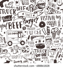 Fast food truck Seamless pattern with lettering and doodle items. Vector festival background for menu, wrapping.