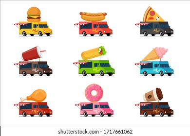 Fast food truck set. Street cafe delivery wheels service collection flat vector illustration