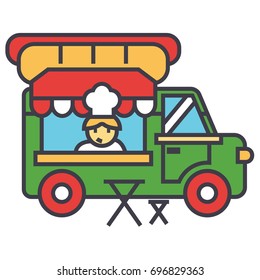 Fast food truck, street food, mobile kitchen concept. Line vector icon. Editable stroke. Flat linear illustration isolated on white background