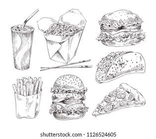 Fast food types icons set. Cheesy pizza and taco, noodles in box and drink in paper glass, hamburger and fried potatoes monochrome promo sketches vector